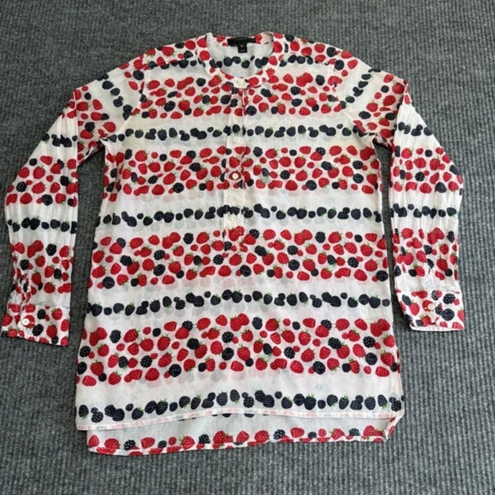 J.Crew Womens Size 00‎ Berry Fruit Print Cotton Voile Button Up Tunic Top White